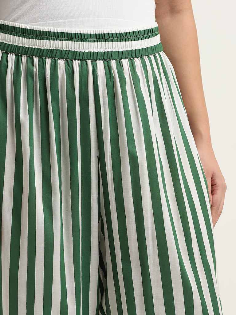 Diza Green Stripe Printed Mid-Rise Palazzos