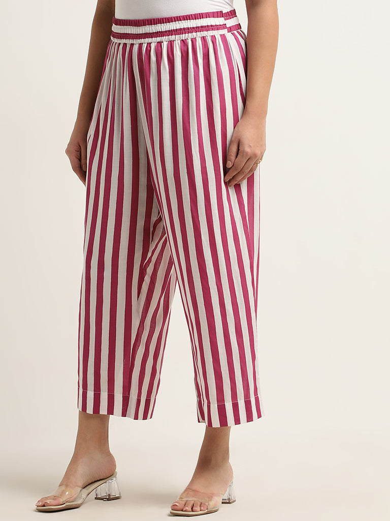 Diza Magenta Stripe Printed Mid-Rise Palazzos