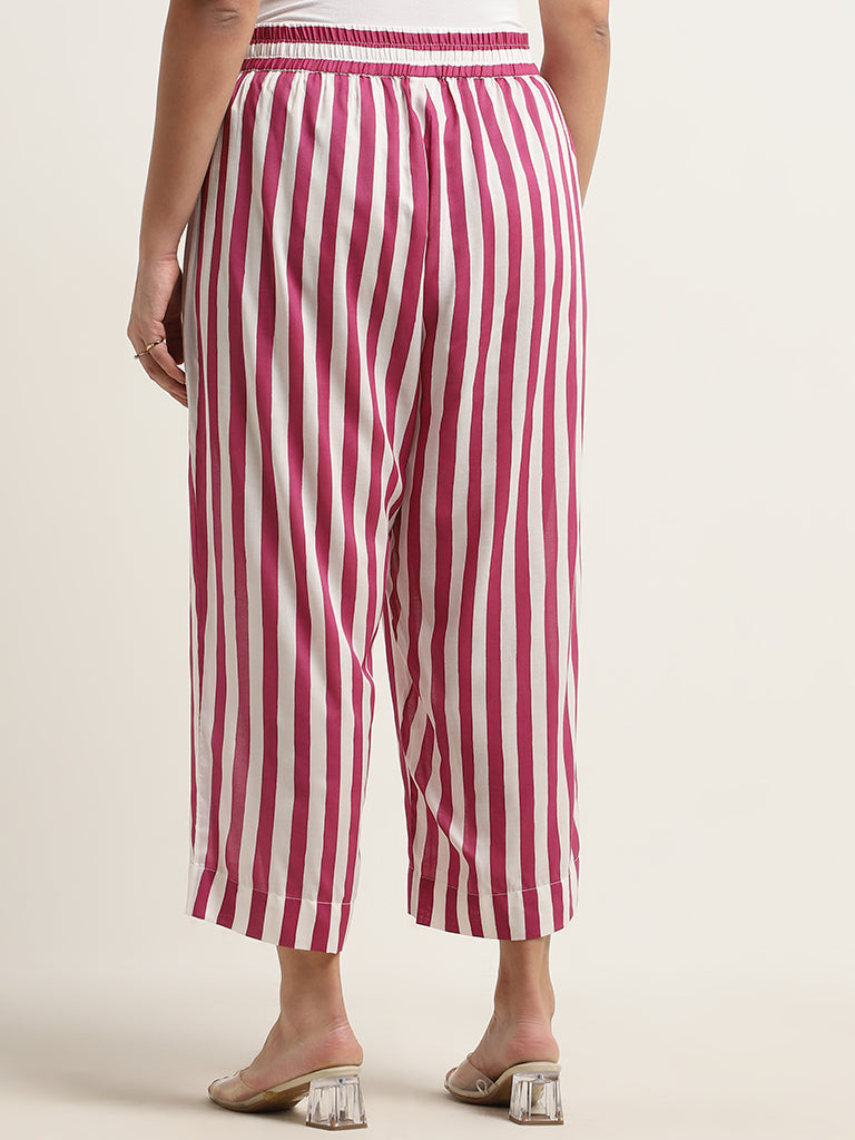 Diza Magenta Stripe Printed Mid-Rise Palazzos