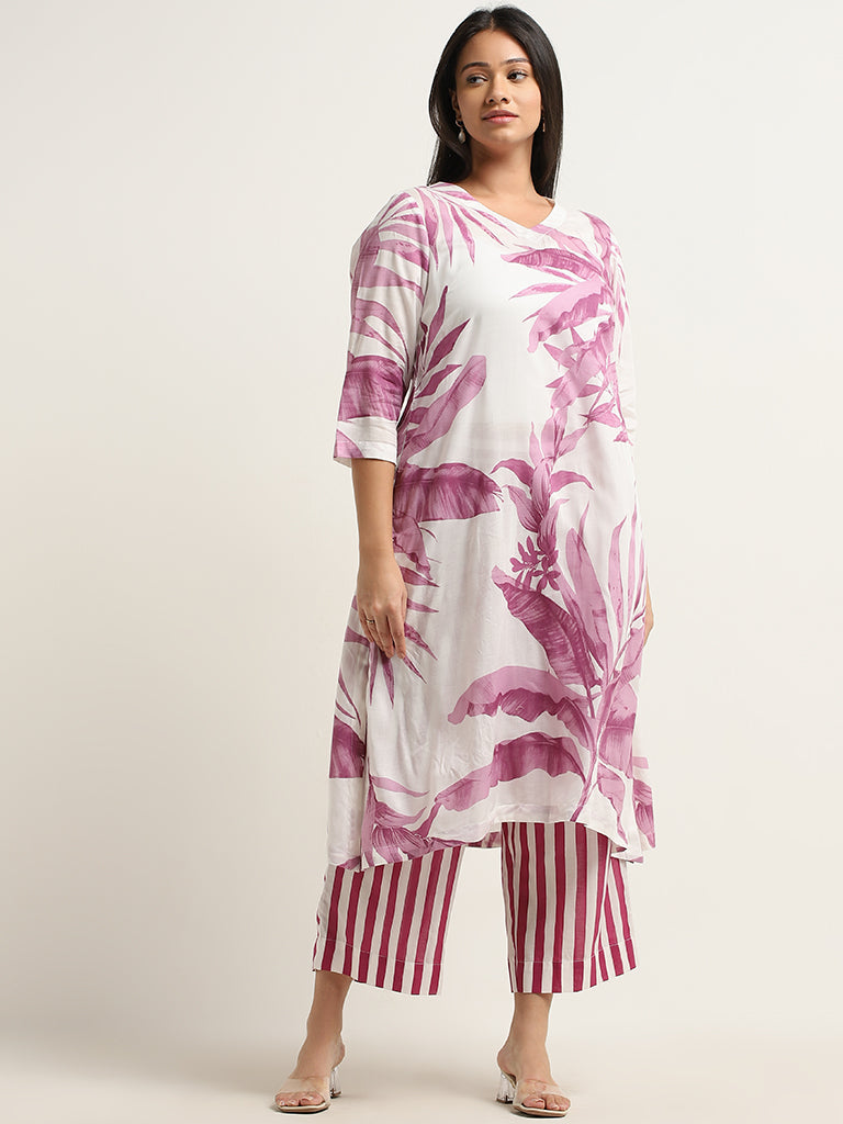 Diza Magenta Stripe Printed Mid-Rise Palazzos