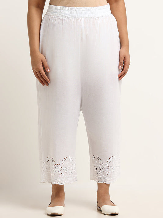 Diza White Cotton Mid Rise Straight Fit Schiffli Pants