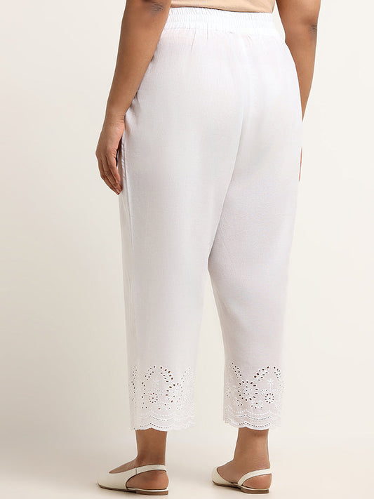 Diza White Cotton Mid Rise Straight Fit Schiffli Pants