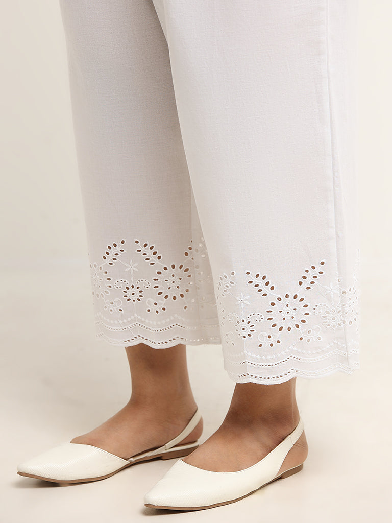 Diza White Cotton Mid Rise Straight Fit Schiffli Pants