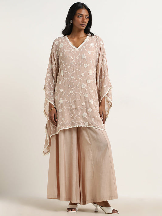 Vark Beige Floral Embroidered Kaftan & Mid-Rise Palazzos