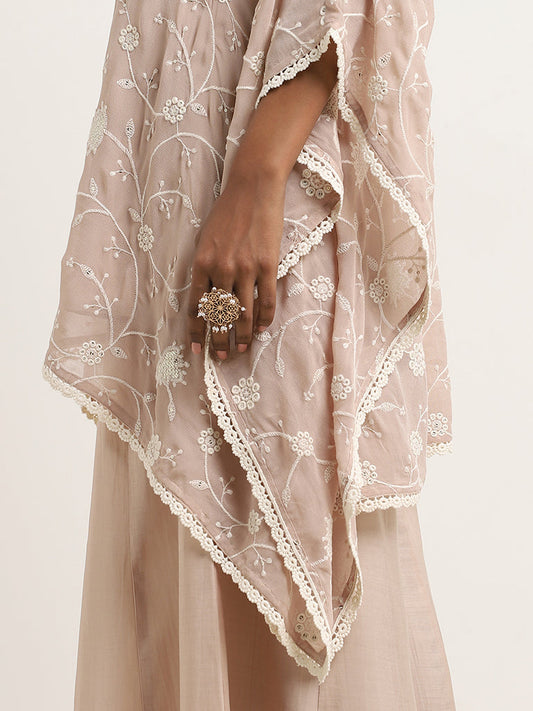 Vark Beige Floral Embroidered Kaftan & Mid-Rise Palazzos