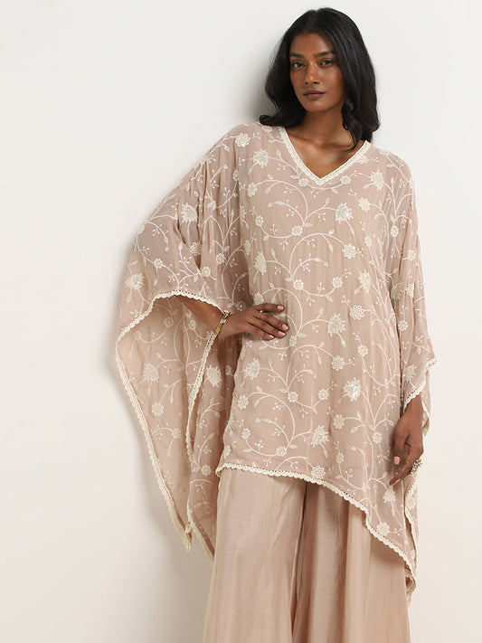 Vark Beige Floral Embroidered Kaftan & Mid-Rise Palazzos