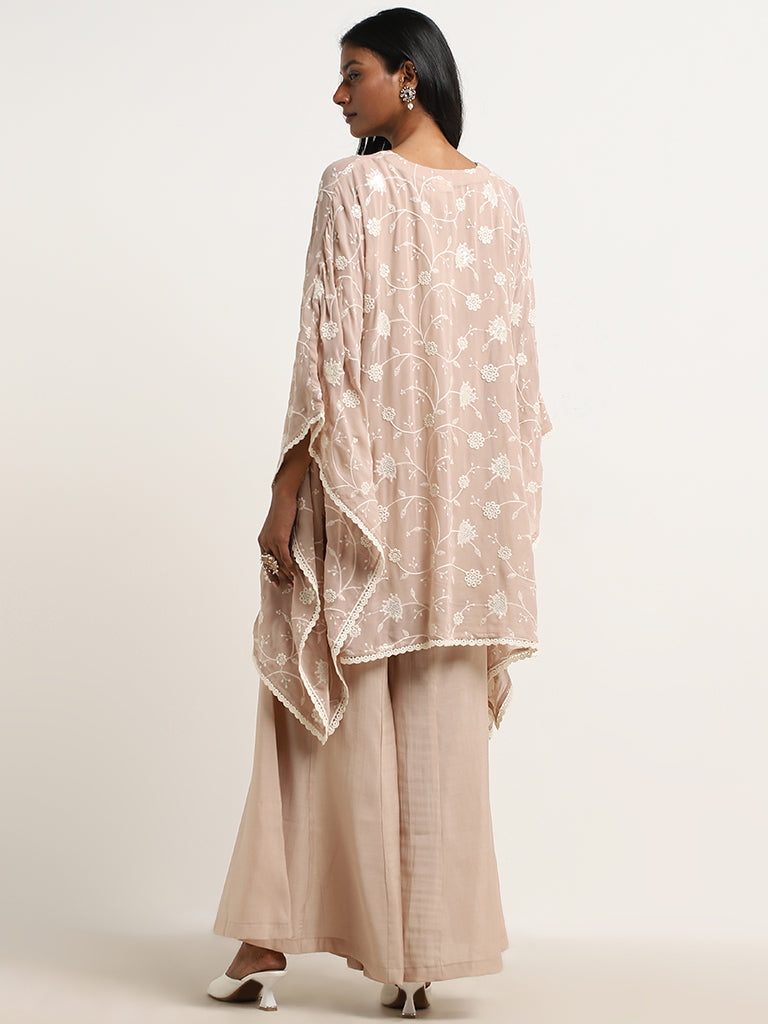 Vark Beige Floral Embroidered Kaftan & Mid-Rise Palazzos