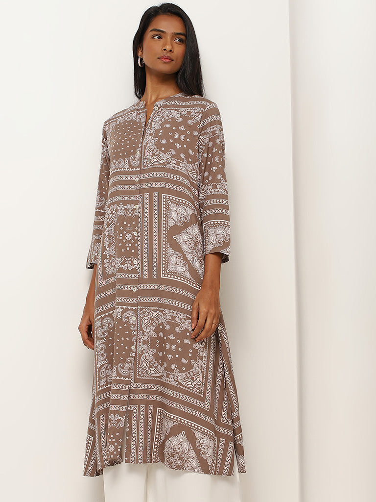 Utsa Brown Printed Straight Fit Kurta