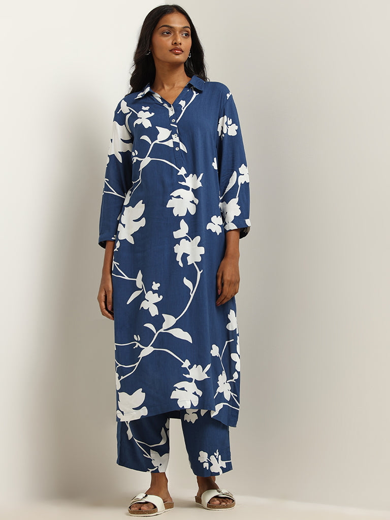 Utsa Navy Printed Shirt Kurta