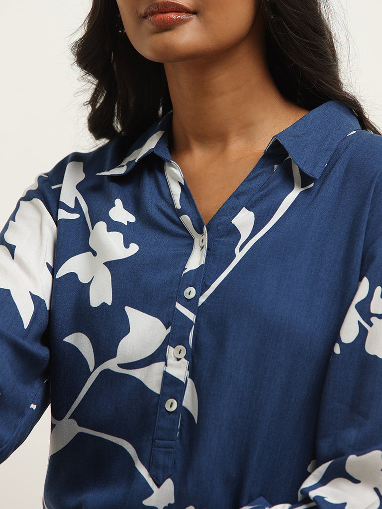 Utsa Navy Printed Shirt Kurta