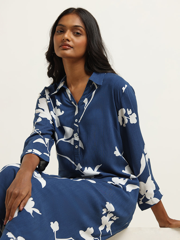 Utsa Navy Printed Shirt Kurta