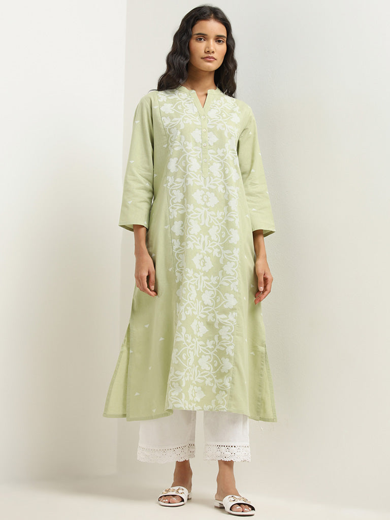 Utsa Green Floral Pattern A-Line Kurta