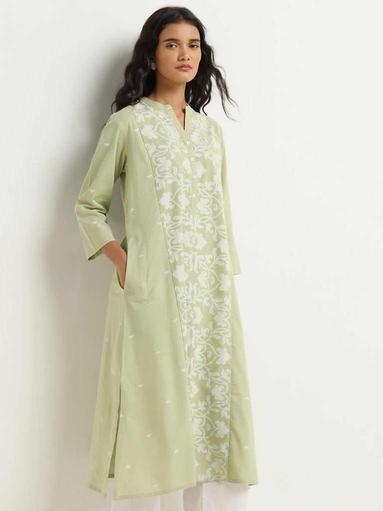 Utsa Green Floral Pattern A-Line Kurta