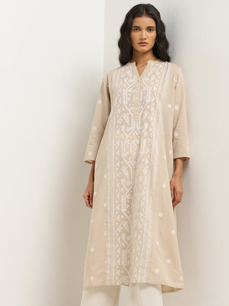 Utsa Beige Geometrical Design A-line Kurta