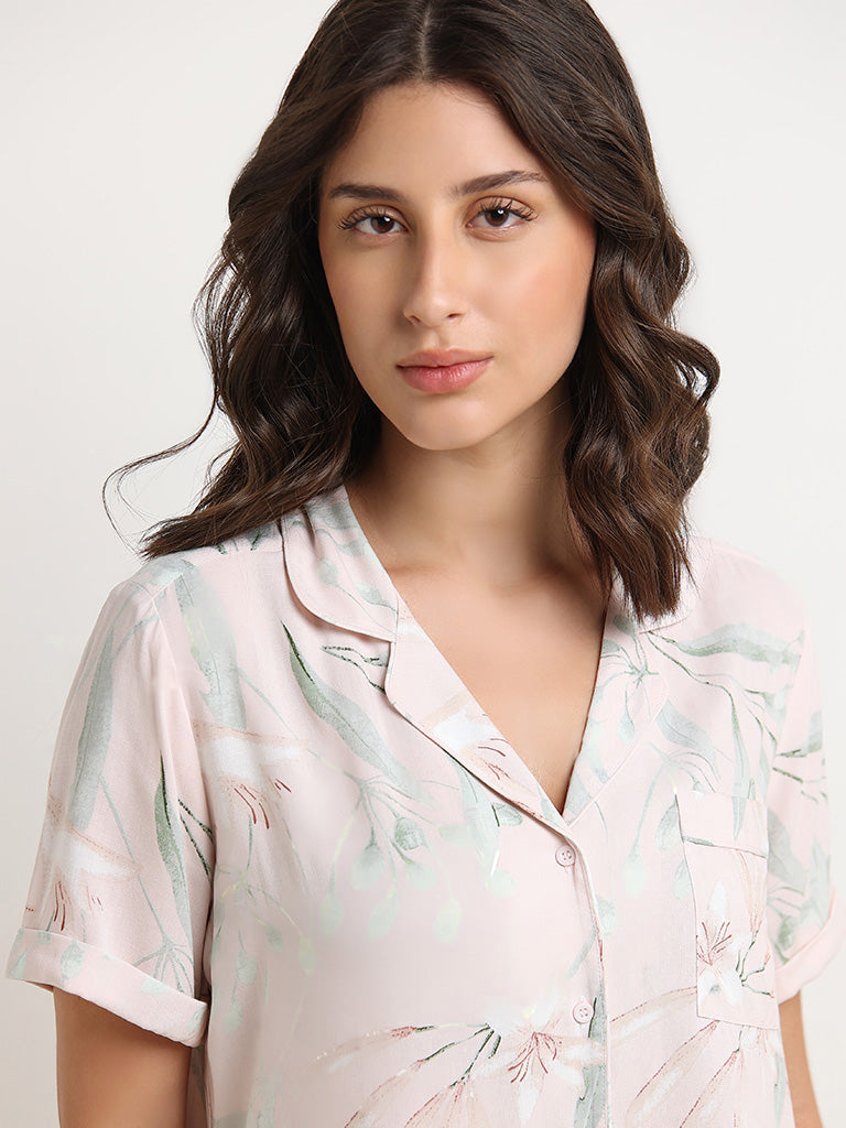 Wunderlove Pink Floral Printed Cotton Shirt and Pyjama Set