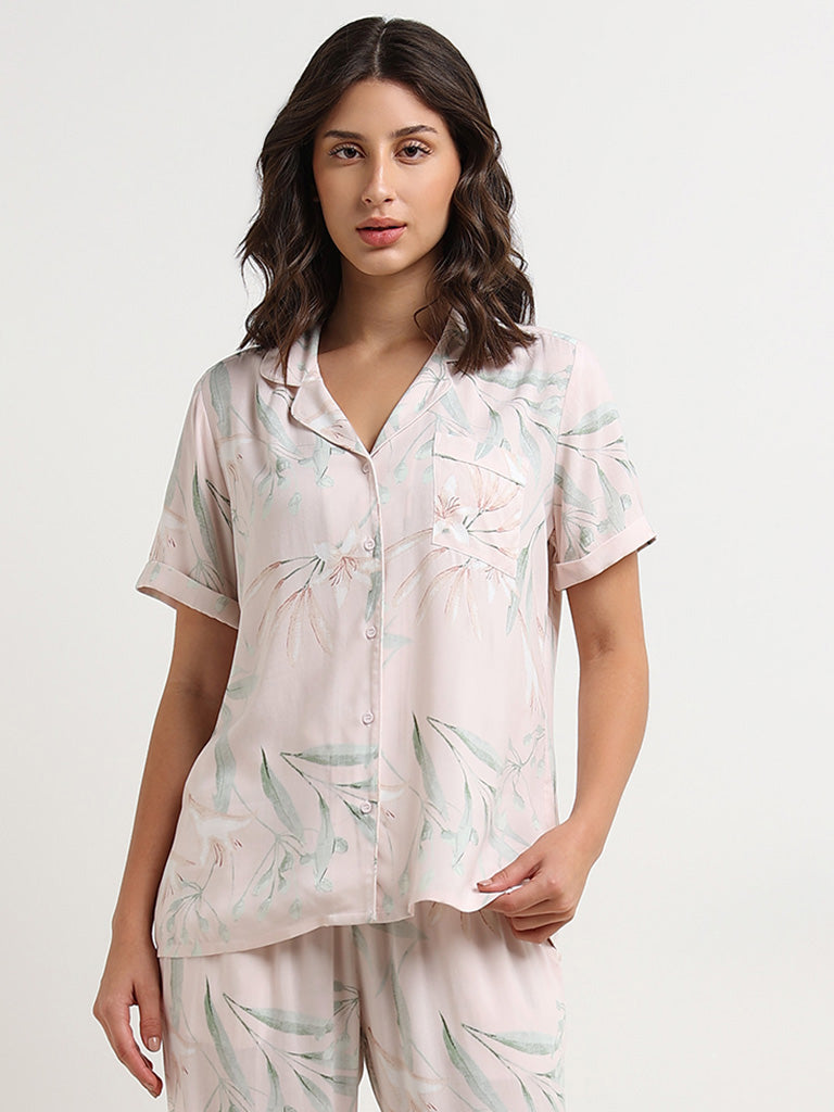 Wunderlove Pink Floral Printed Cotton Shirt and Pyjama Set