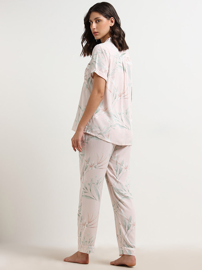 Wunderlove Pink Floral Printed Cotton Shirt and Pyjama Set