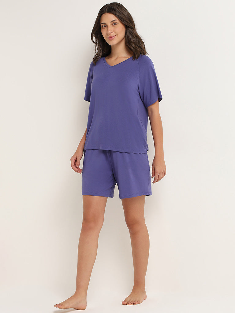 Wunderlove Solid Blue Mid-Rise Supersoft Shorts