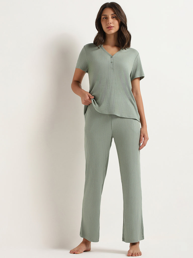 Wunderlove Green Self-Patterned Mid-Rise Supersoft Pyjamas