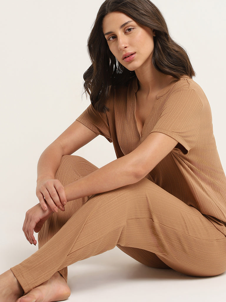 Wunderlove Brown Self-Patterned Mid-Rise Supersoft Pyjamas