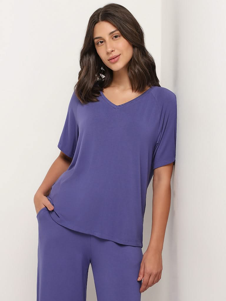 Wunderlove Solid Blue V-Neck Supersoft Top