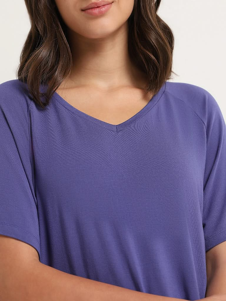 Wunderlove Solid Blue V-Neck Supersoft Top