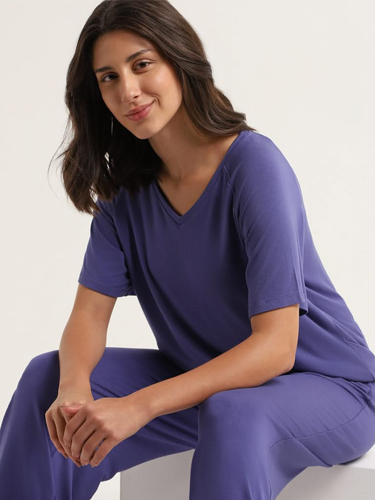 Wunderlove Solid Blue V-Neck Supersoft Top