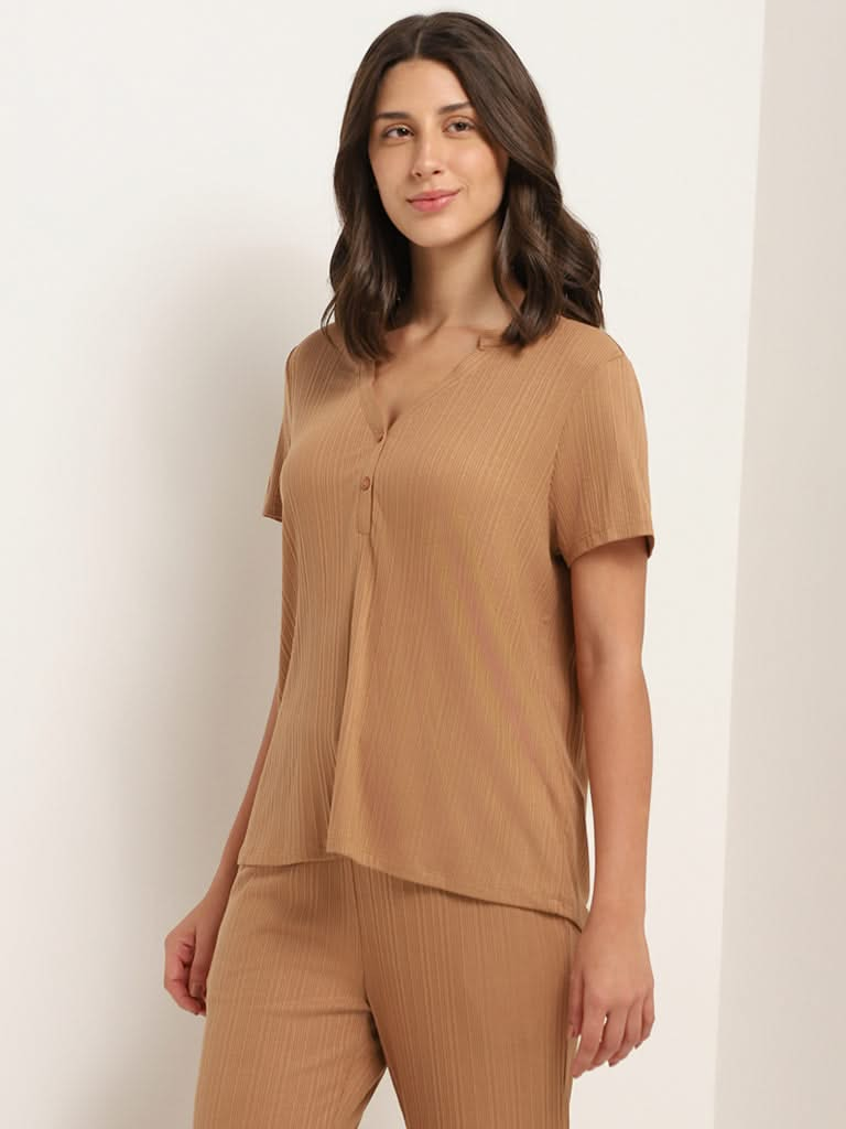 Wunderlove Brown Self-Patterned V-Neck Supersoft Top