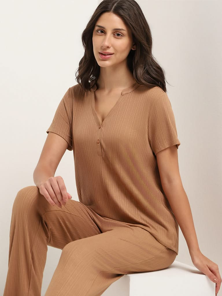 Wunderlove Brown Self-Patterned V-Neck Supersoft Top