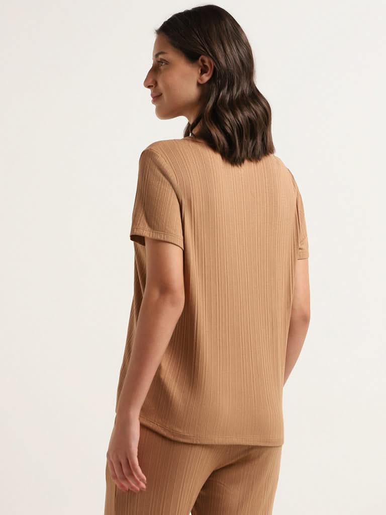 Wunderlove Brown Self-Patterned V-Neck Supersoft Top