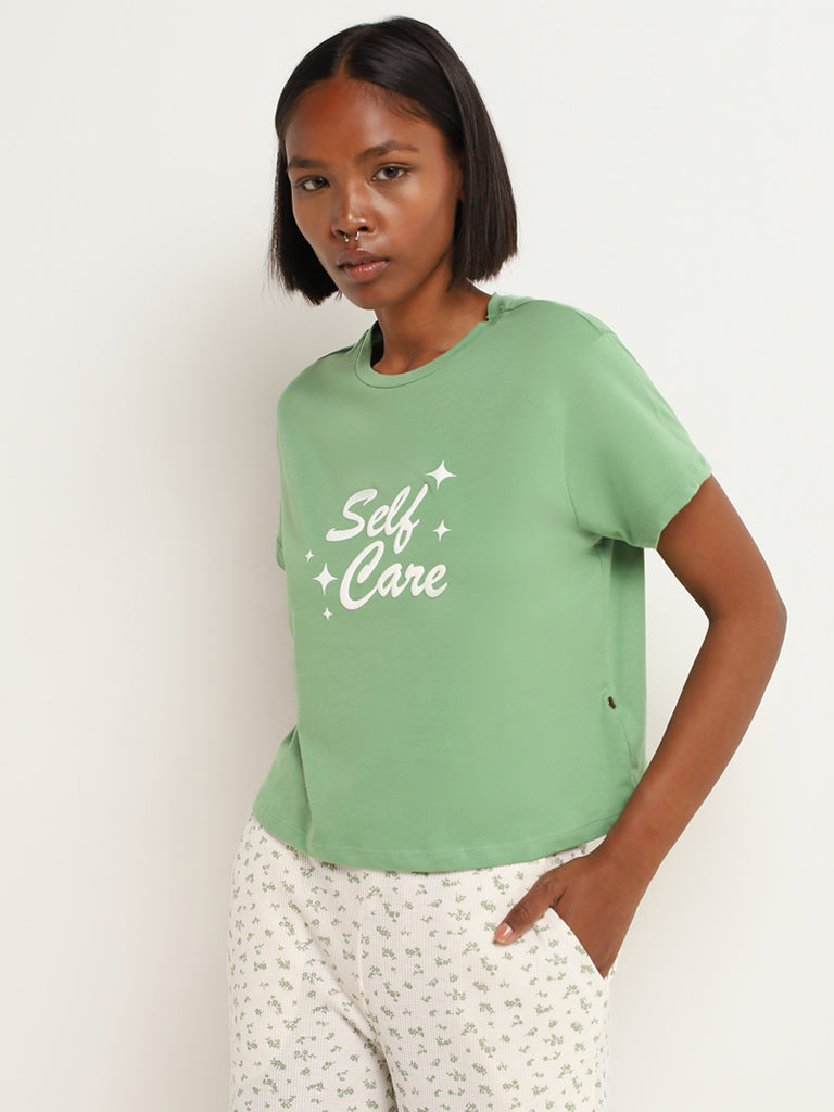 Superstar Light Green Contrast Printed Cotton Top