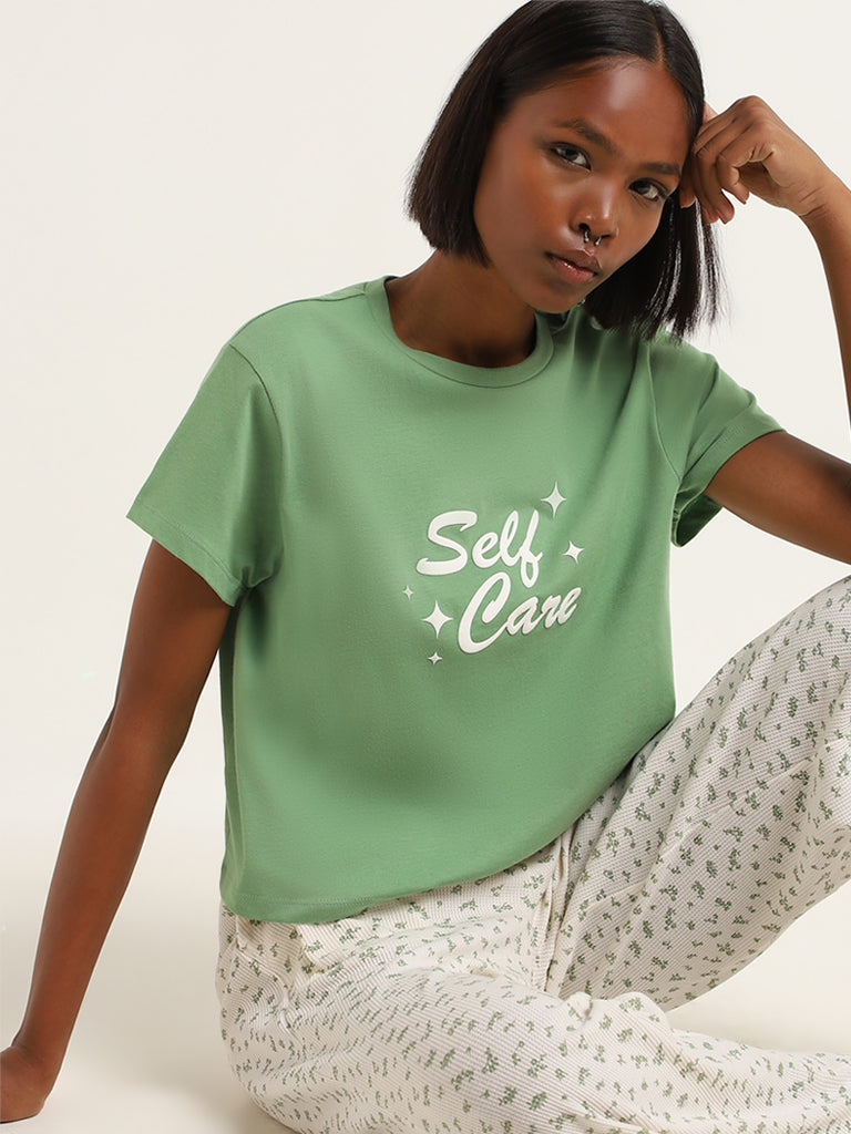 Superstar Light Green Contrast Printed Cotton Top