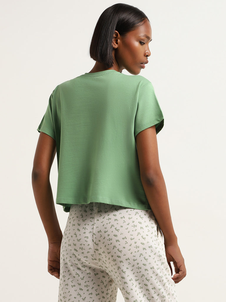 Superstar Light Green Contrast Printed Cotton Top