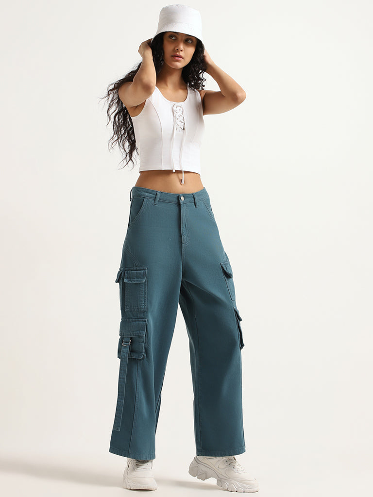 Nuon Teal Cargo High Rise Wide Leg Fit Jeans