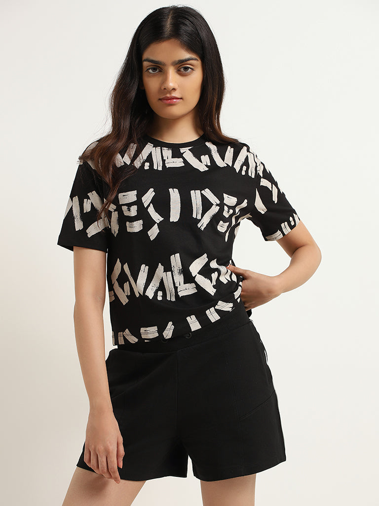 Studiofit Black Crop Printed Cotton T-Shirt