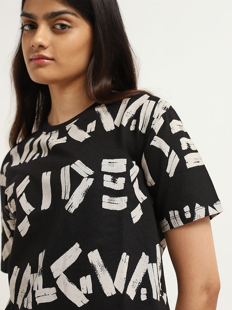 Studiofit Black Crop Printed Cotton T-Shirt