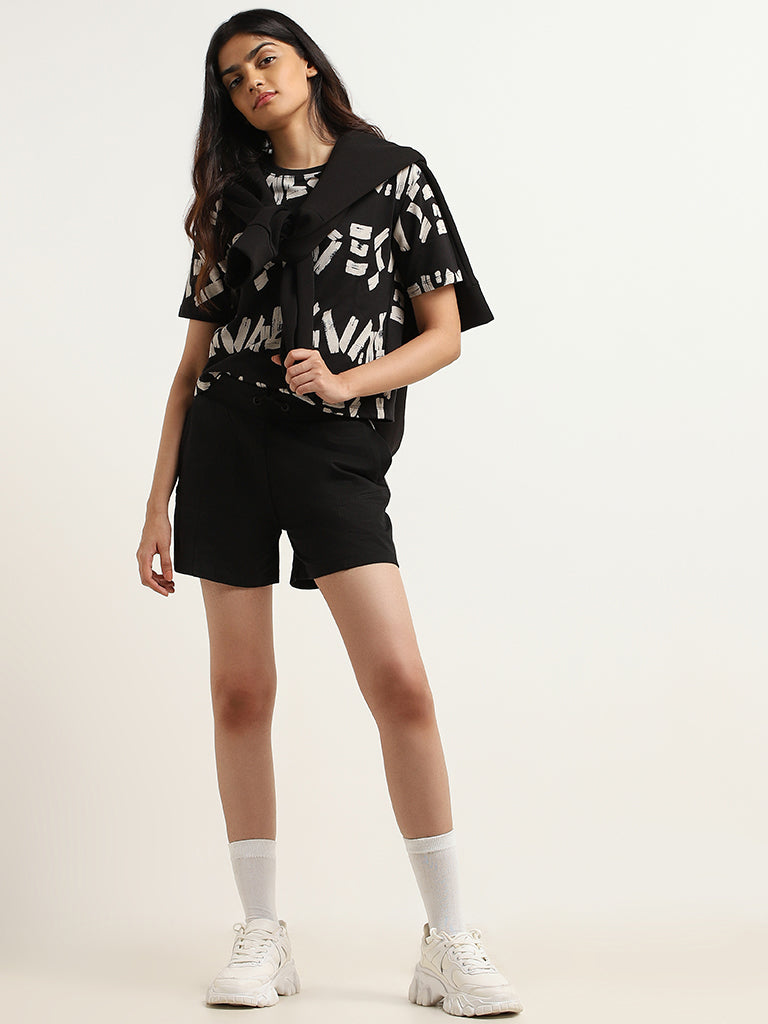 Studiofit Black Crop Printed Cotton T-Shirt