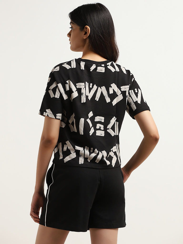 Studiofit Black Crop Printed Cotton T-Shirt