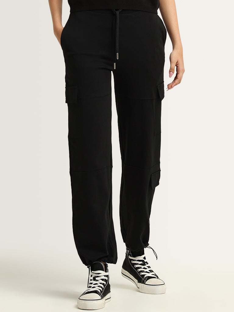 Studiofit Black Cotton Cargo Joggers