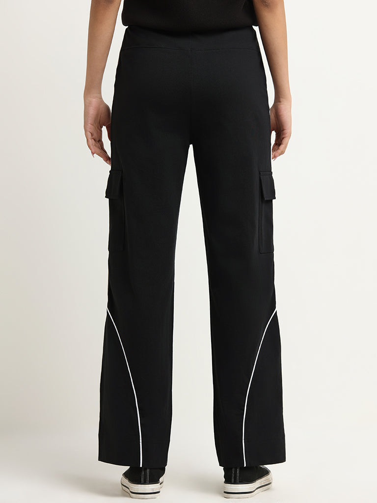 Studiofit Black Cotton Cargo Track Pants