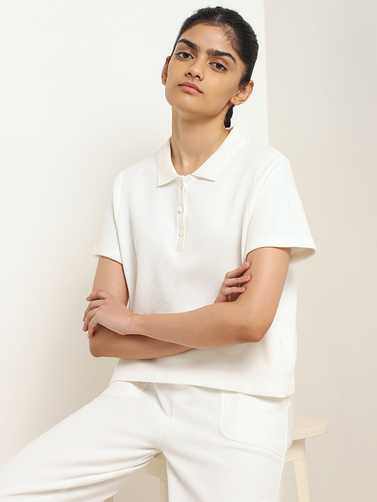 Studiofit White Cotton Collared T-Shirt