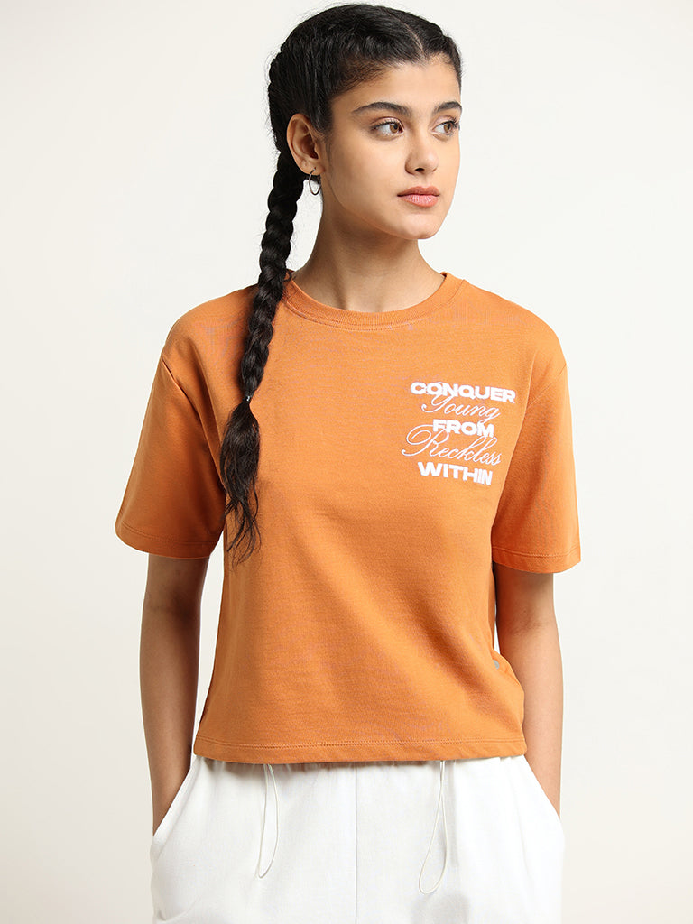 Studiofit Orange Slogan Print Cotton T-Shirt