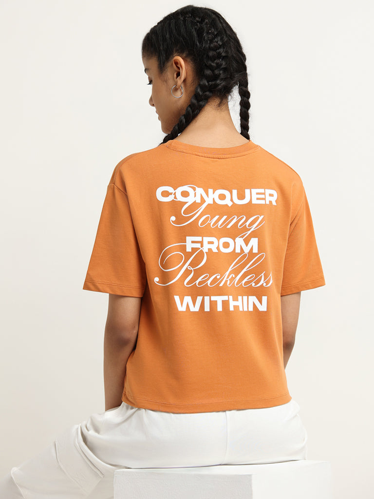 Studiofit Orange Slogan Print Cotton T-Shirt