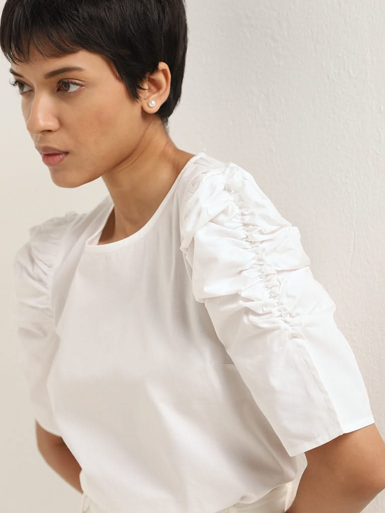 Wardrobe White Cotton Ruched Top