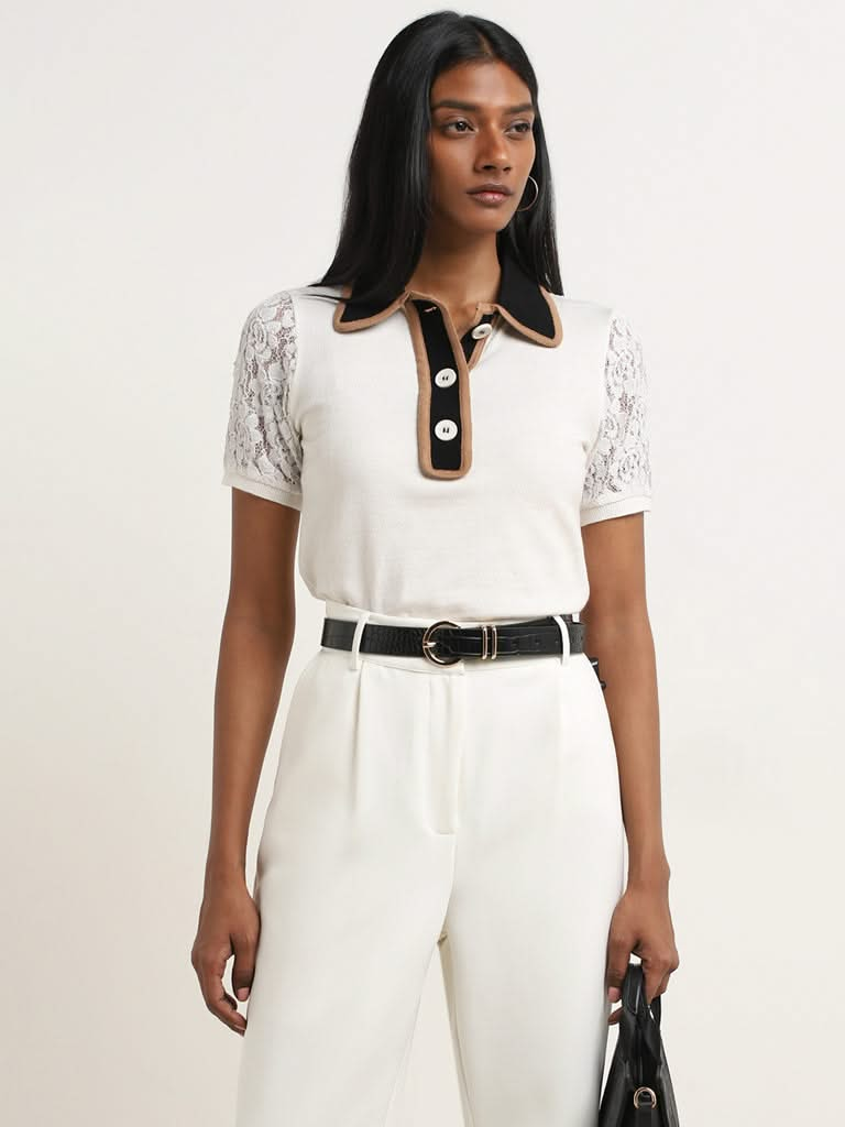 Wardrobe Off-White Lace Detailed Knitted Top