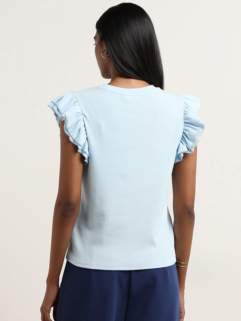 Wardrobe Blue Cotton Blend Ribbed Top