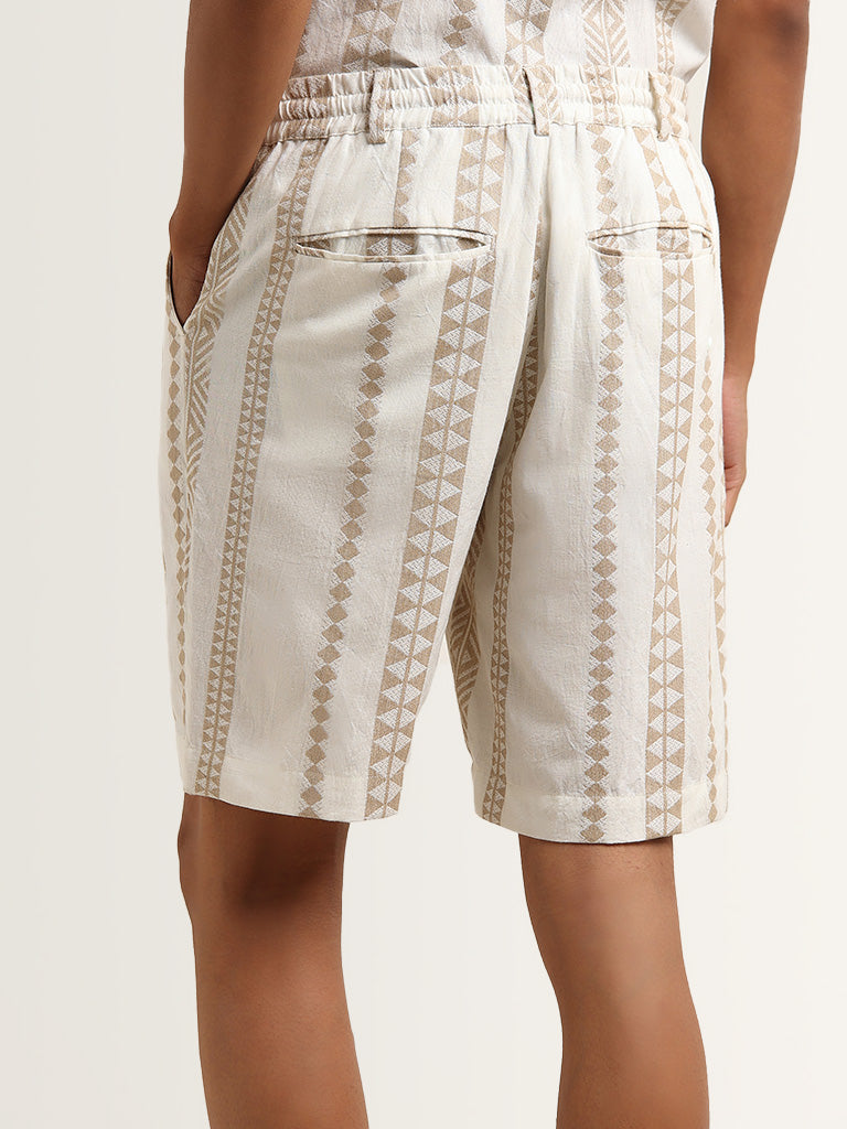 ETA Beige Geometric Printed Relaxed Fit Cotton Mid Rise Shorts