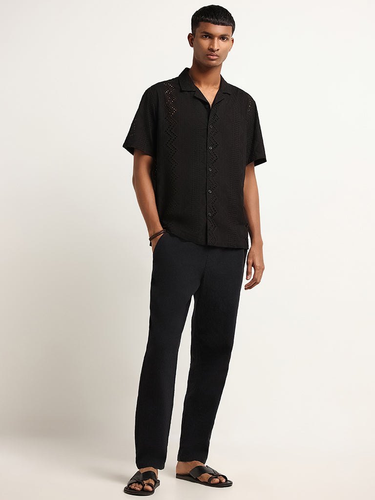 ETA Black Schiffli Cotton Relaxed Fit Shirt