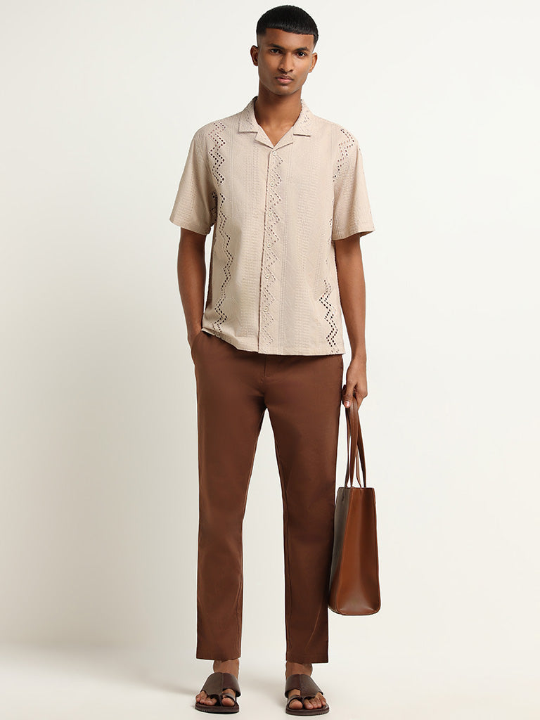 ETA Beige Cotton Relaxed Fit Schiffli Shirt