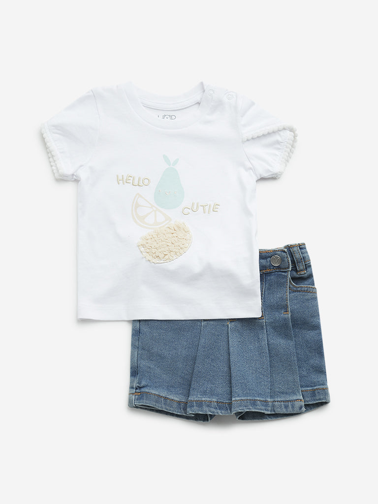 HOP Baby White Printed Cotton T-Shirt and Denim Skort Set